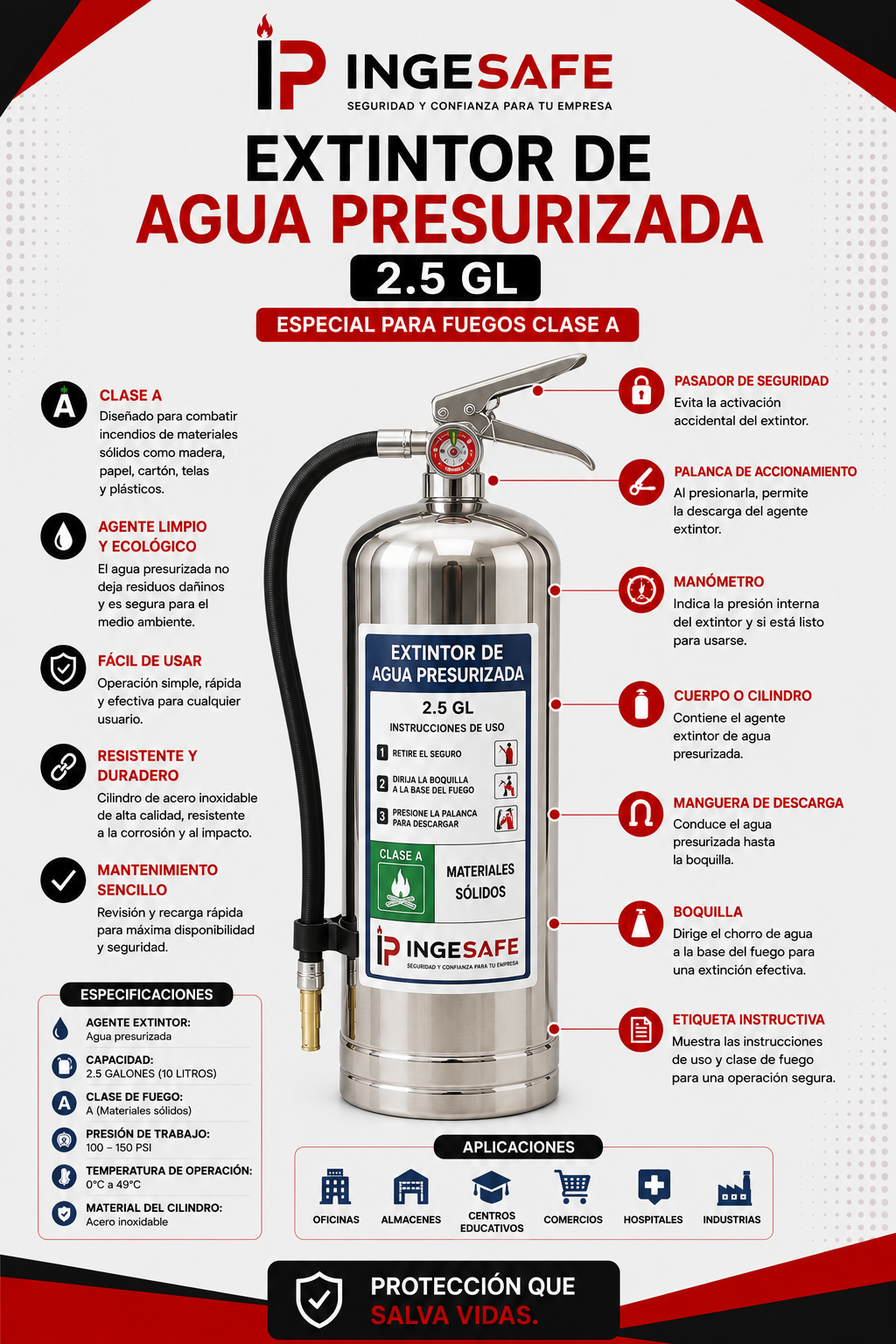 EXTINTOR DE AGUA PRESURIZADA 2.5 GL